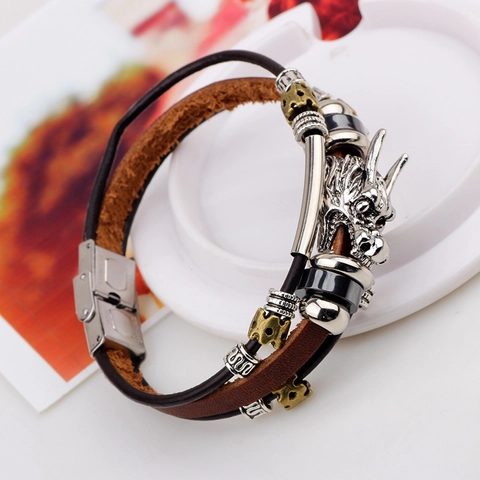 Bracciale In Pelle Multistrato Da Uomo Vintage Ciondolo Testa Di Drago In Lega Stile Etnico Gioielli Regolabili