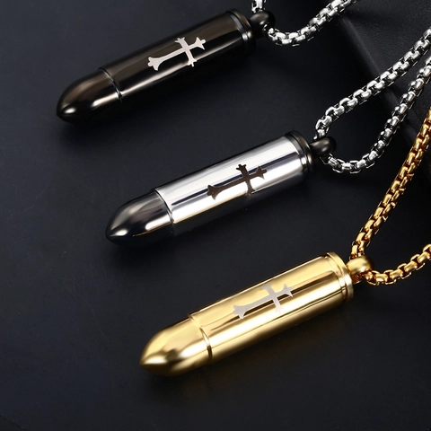 Cross Bullet Cremation Urn Pendant Necklace Stainless Steel Memorial Keepsake Jewelry For Men