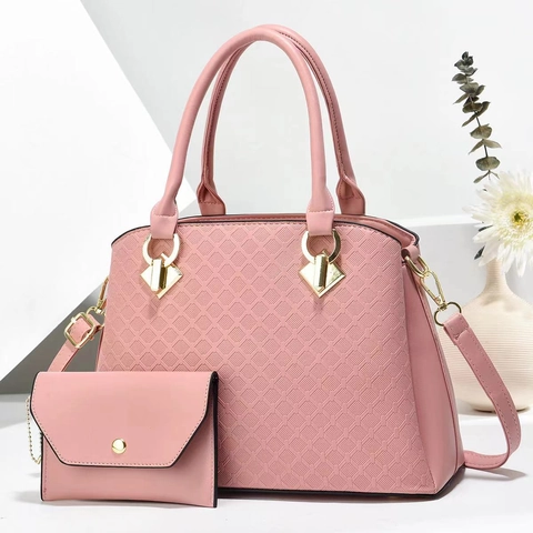 Women Diamond Lattice Embossed PU Leather Handbag And Matching Pouch Urban Minimalist Shoulder Crossbody Bag Double Handle