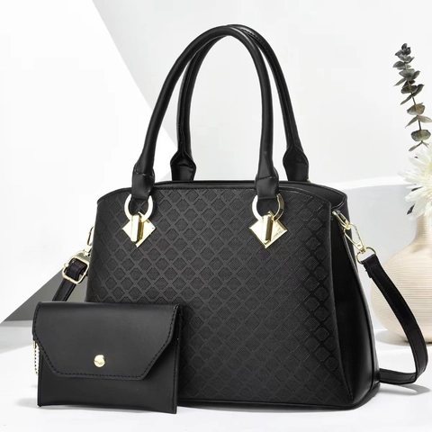 Women Diamond Lattice Embossed PU Leather Handbag And Matching Pouch Urban Minimalist Shoulder Crossbody Bag Double Handle