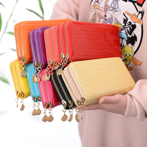 Women Long Wallet Glossy PU Leather Crocodile Pattern Dual Zipper Large Capacity Mobile Phone Clutch Purse Elegant