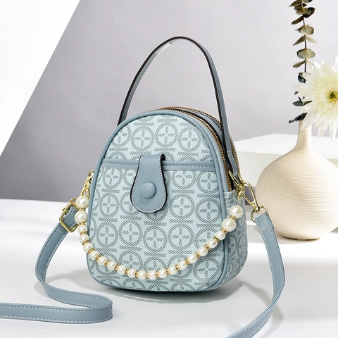 Damen Vintage Rund Schultertasche PU Leder Geometrischer Druck Handtasche Perlenkette Dekoration Doppel Reißverschluss Umhängetasche Elegant Trendy Damen Shopper