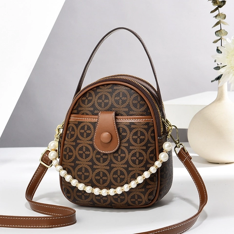 Mini Bolso De Mano Con Estampado Geométrico Retro De Cuero PU Bolso De Bandolera Con Cadena De Perlas Artificiales Para Mujer
