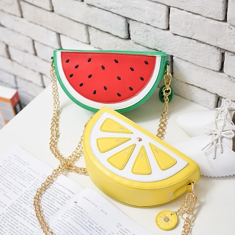 Women Fruit Shaped Crossbody Bag Cute Watermelon Lemon PU Leather Chain Shoulder Bag Novelty Summer Casual
