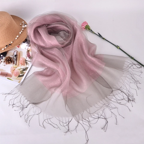 Women Shimmering Mulberry Satin Organza Shawl With Tassels Gradient Glitter Scarf For Evening Party Sunscreen Wrap