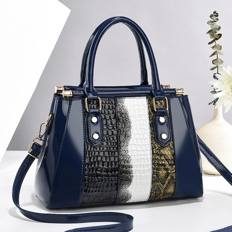 Women Splic Splicing Crocodile Pattern Handbag Color Blocking PU Leather Shoulder Bag Large Capacity Crossbody Tote Bag Metal Rivets