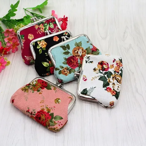Vintage Floral Canvas Coin Purse For Women Double Layer Kiss-Lock Metal Clasp Wallet Small Floral Fabric Pouch