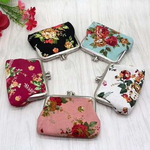 Vintage Floral Canvas Coin Purse For Women Double Layer Kiss-Lock Metal Clasp Wallet Small Floral Fabric Pouch