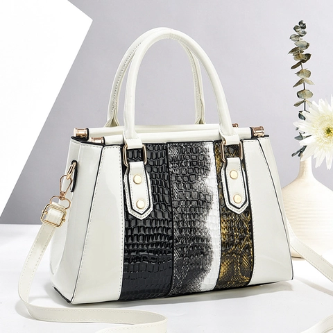 Women Splic Splicing Crocodile Pattern Handbag Color Blocking PU Leather Shoulder Bag Large Capacity Crossbody Tote Bag Metal Rivets