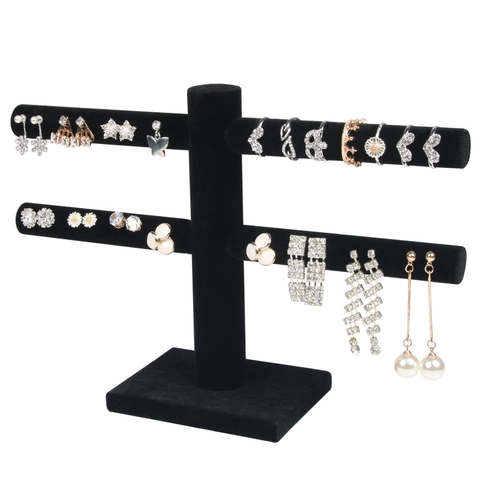 Ohrring Display Ständer Samt Doppelschicht T-Bar Schmuckhalter Für Ohrstecker Und Ringe Professioneller Ladentisch Organizer