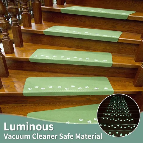 Luminous Stair Tread Mats Non Slip Self Adhesive Glow In The Dark Polyester PVC Staircase Rugs With Paw Print Pattern