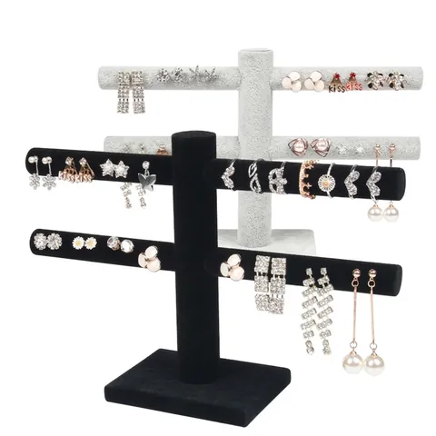 Ohrring Display Ständer Samt Doppelschicht T-Bar Schmuckhalter Für Ohrstecker Und Ringe Professioneller Ladentisch Organizer