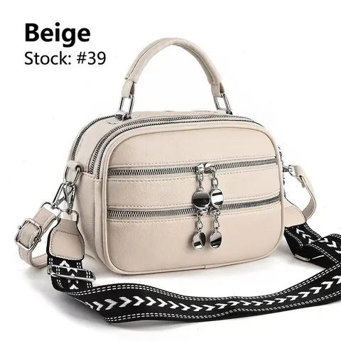 Women Crossbody Handbag Lychee Pattern PU Leather Multi Layer Zipper Wide Woven Strap Fashion Large Capacity Bag