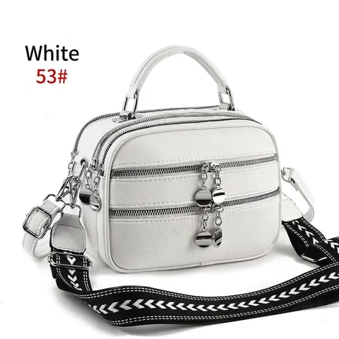 Women Crossbody Handbag Lychee Pattern PU Leather Multi Layer Zipper Wide Woven Strap Fashion Large Capacity Bag