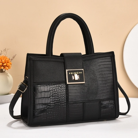 Sac À Main Pour Femme Cuir PU Patchwork Crocodile Lézard Tote À Poignée Avec Bandoulière Amovible Fermoir Doré