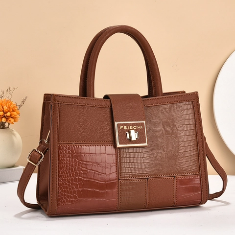 Sac À Main Pour Femme Cuir PU Patchwork Crocodile Lézard Tote À Poignée Avec Bandoulière Amovible Fermoir Doré