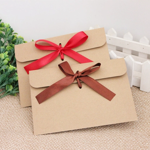 Vintage Kraft Paper Envelope With Satin Ribbon Bow Retro Style Gift Bag For Greeting Cards Invitations Stationery