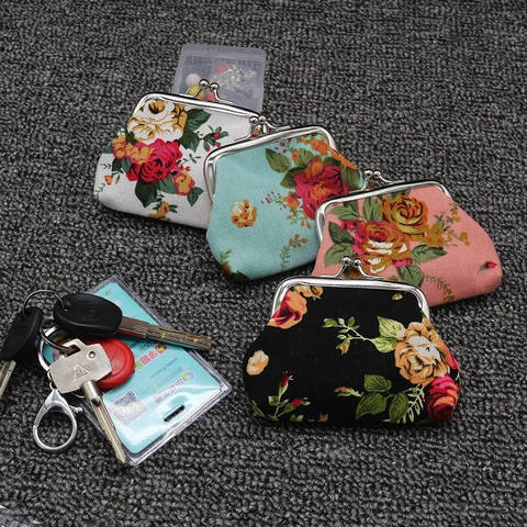 Vintage Canvas Portemonnee Voor Dames Meisjes Mini Roos Patroon Beugelsluiting Kleingeld Portemonnee Kleine Katoenen Tas