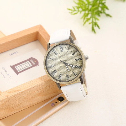 Orologio al Quarzo Vintage con Cassa in Lega di Bronzo per Uomo Donna Cinturino in PU con Texture Denim Numeri Romani