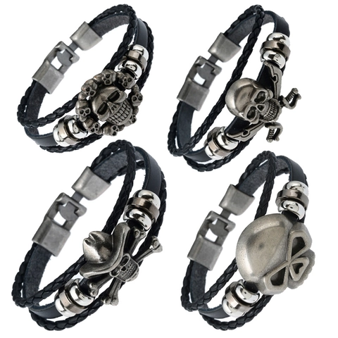 Pulsera Trenzada Multicapa Cuero De Vaca PU Aleación Vintage Gótico Calavera Punk Joyas Para Hombres