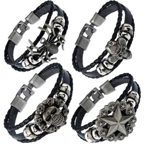 Woven Leather Bracelet With Alloy Skull Spider Star Charms Vintage Punk Rock Style For Men Jewelry