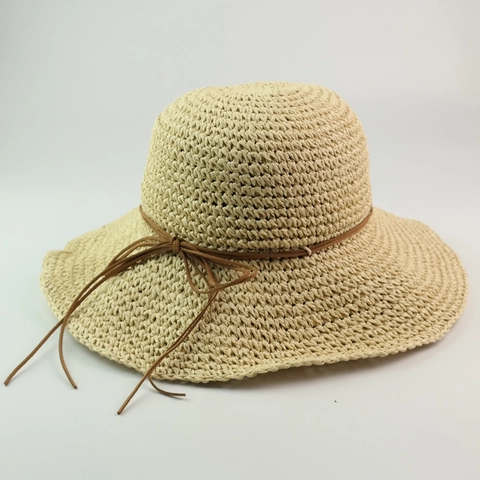 Women Large Brim Straw Hat Raffia Sun Protection Summer Beach Round Top Decorated With Brown String Bow