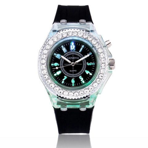 Luminous Rhinestone Quartz Watch Silicone Strap Transparent Case LED Flashing Sport Wristwatch For Women And Students