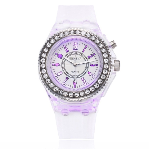 Luminous Rhinestone Quartz Watch Silicone Strap Transparent Case LED Flashing Sport Wristwatch For Women And Students