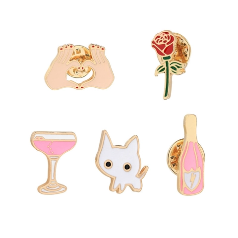 Cartoon Cute Enamel Pin Brooches Alloy Drip Oil Cat Rose Heart Gesture Cocktail Bottle Fashion Clothing Decoration Badges