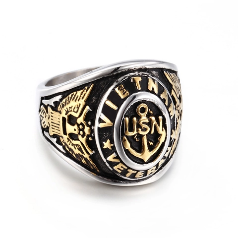 US Navy USN Anker Siegelring Edelstahl Vietnam Veteran Adler Vintage Retro Militär Schmuck Für Herren Zweifarbig