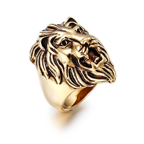 Lion Head Ring For Men Stainless Steel Punk Rock Biker Jewelry Sculpted Vintage Animal Signet Band Gold Tone