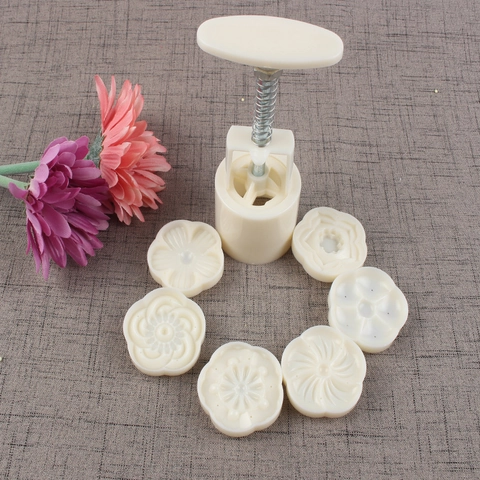 Mondkuchenform Handpresse Keksstempel 3D Blumenmuster Rund ABS Kunststoff Für DIY Mittelherbst Gebäck Grüner Bohnenkuchen