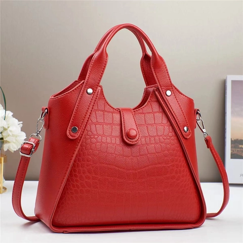 Women Handbag Crocodile Pattern PU Leather Large Capacity Tote Shoulder Crossbody Bag Silver Rivets Detachable Strap