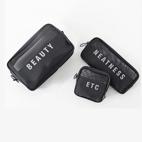 Trousse De Toilette En Maille Respirante Pochette De Rangement En Nylon Pour Voyage Maquillage Organisateur Portable Noir