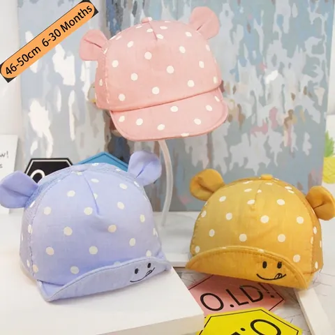 Casquette De Baseball Bébé Coton Maille Respirante Pois Avec Oreilles Broderie Sourire Bord Souple Chapeau Soleil