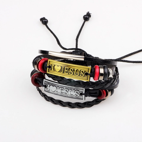 Multilayer Leather Bracelet With I Love Jesus Alloy Charm Retro Braided Cord Wooden Beads Religious Hand Jewelry Men Women