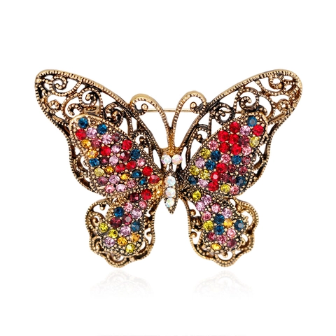 Vintage Butterfly Brooch Alloy Colorful Rhinestone Hollow Out Filigree Animal Breastpin Fashion Jewelry For Women