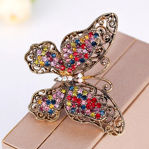 Vintage Butterfly Brooch Alloy Colorful Rhinestone Hollow Out Filigree Animal Breastpin Fashion Jewelry For Women
