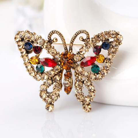 Vintage Butterfly Brooch For Women Antique Gold Alloy Multicolor Rhinestone Crystal Pin Fashion Jewelry Accessories Decor