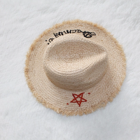 Sombrero Fedora De Paja De Rafia Ala Ancha Borde Deshilachado Bordado Estrella Roja Sombrero De Sol