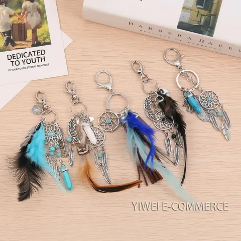 Dreamcatcher Schlüsselanhänger Feder Legierung Stein Taschenanhänger Böhmisch Ethno Vintage Anhänger Zubehör