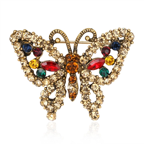 Vintage Butterfly Brooch For Women Antique Gold Alloy Multicolor Rhinestone Crystal Pin Fashion Jewelry Accessories Decor