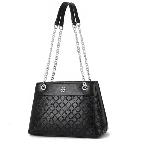 Sac À Épaule Femme Élégant Cuir PU Matelassé Losange Floral Chaîne Argent Mode Sac Bandoulière Messenger