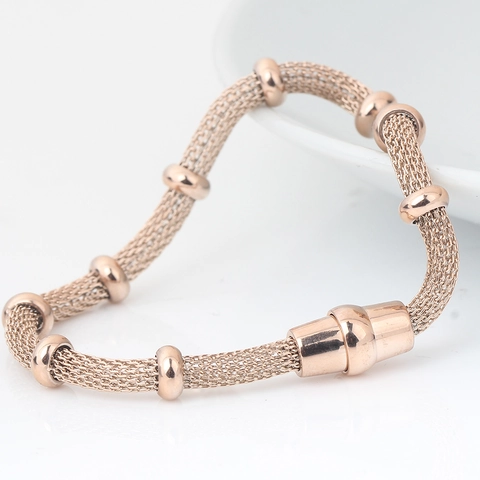 Stainless Steel Mesh Chain Bracelet With Magnetic Buckle Polished Round Beads 18K Gold Plated Minimalist Jewelry Women