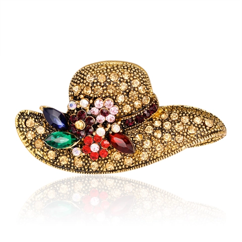 Spilla Vintage in Lega con Strass a Forma di Cappello da Sole per Donna Intarsio di Cristalli Colorati Oro Antico Accessori