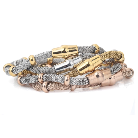 Stainless Steel Mesh Chain Bracelet With Magnetic Buckle Polished Round Beads 18K Gold Plated Minimalist Jewelry Women