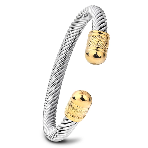 Minimalist Stainless Steel Twisted Cable Open Cuff Bracelet For Women Men Two Tone Gold Silver Color Bangle Jewelry Gift