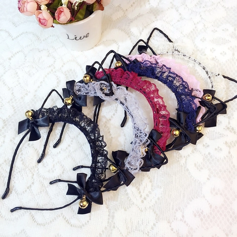 Handgefertigter Mischmaterialien Spitze Katzenohr Haarreif Mit Schleifen Und Glocken Süß Lolita Cosplay Haarschmuck Für Damen Mädchen Party
