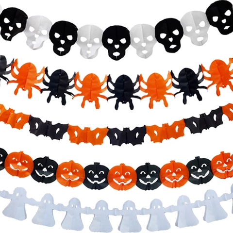 Halloween Paper Banner Garland Folding Spider Bat Ghost Pumpkin Pull Flowers Party Decorations Prop