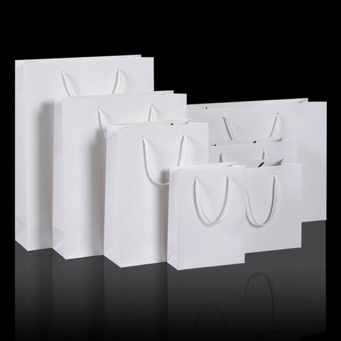 White Paper Gift Bag Thickened Cardstock Handheld Shopping Packaging For Parties Events Solid Color Plain Elegant